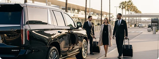 Two chauffeurs in suits walk alongside a couple with luggage on a sunny day at an airport terminal with palm trees.