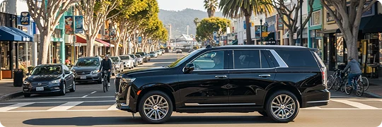 A large, black luxury SUV (Cadillac Escalade) is driving down a sunny, tree-lined city street. The street has colorful storefronts, parked cars, and people on bicycles in the background, suggesting a bustling urban or tourist area.