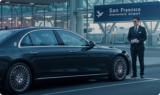 A luxury sedan parked curbside at San Francisco International Airport as a chauffeur in a suit awaits arrival, highlighting premium airport car service readiness.