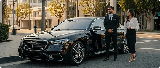 A male and female chauffeur, both in business attire, stand next to a black sedan on a city street.