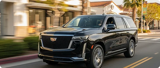 A black Cadillac Escalade luxury SUV is driven quickly on a sunny, modern city street with blurred storefronts in the background, suggesting a dynamic executive transport service.