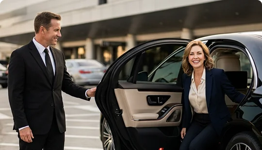 A smiling woman wearing a business suit steps out of the back seat of a luxury car. A male driver in a black suit and tie holds the passenger door open for her outside an airport terminal.
