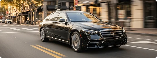 A Mercedes Benz S-Class in motion on the road.