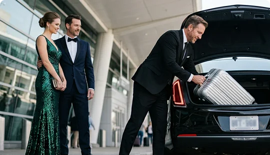 A chauffeur in a black suit loads a silver suitcase into the open trunk of a luxury black car. Beside the vehicle, a well-dressed couple in formal evening wear looks on outside a modern airport terminal building.