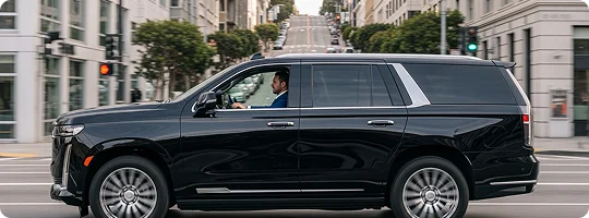 A black Cadillac Escalade SUV driven by a chauffeur in a suit travels down a steep San Francisco city street with a notable hill visible in the background. The motion of the car is suggested by the blurred wheels.