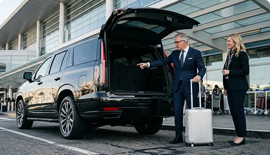 A man and woman standing near the open trunk of a black luxury SUV outside a glass terminal building. The man points toward the trunk while holding a silver rolling suitcase next to the female passenger.