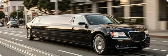 A black stretch limousine (Chrysler 300) is shown driving with motion blur down a sunny city street.