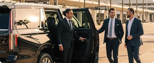 A chauffeur in a suit holds open the door of a black SUV for two businessmen approaching the vehicle at an airport curb.