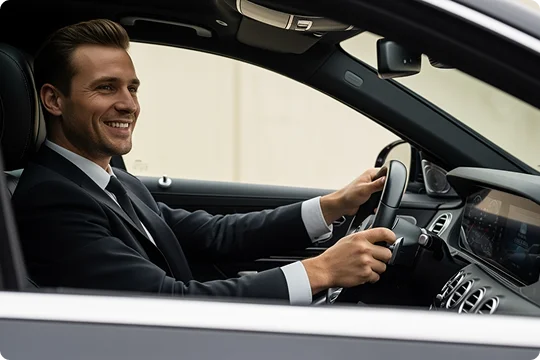 A suited chauffeur on driver's seat smiling inside a luxury sedan while holding the steering wheel.