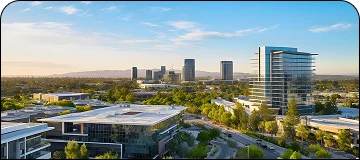 A modern business district in Irvine with palm trees and a clear sky.