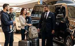 A chauffeur in a suit greets a family of four, including two young children, next to a black SUV at an airport curb with luggage.