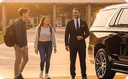 A chauffeur in a suit greets two students with backpacks next to a black SUV on a sunny campus or school ground.