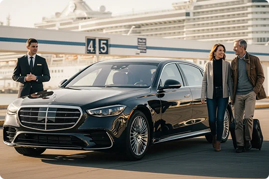 A chauffeur stands next to a black Mercedes-Benz sedan while an older couple with luggage approaches the vehicle at a cruise port.