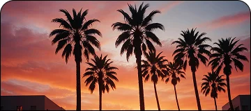 Scenic view along the SAN to Palm Springs route with a cluster of palm trees at sunset.
