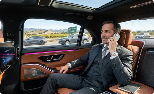 A businessman in a suit speaking on his phone in the back seat of a premium vehicle. The car features leather seating, ambient lighting, and views of scenic countryside highways through the window.