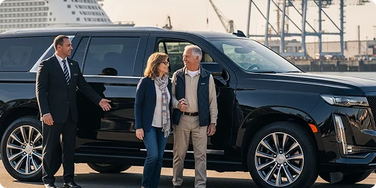 Chauffeur in a suit standing next to a black SUV, gesturing toward an elderly couple holding hands near a cruise ship and harbor in the background.