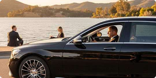 A side view of a black Mercedes-Benz luxury sedan with a chauffeur driving. In the background, two elegantly dressed passengers are enjoying a scenic lakeside view at sunset, suggesting a luxury ride service for special occasions or touring.