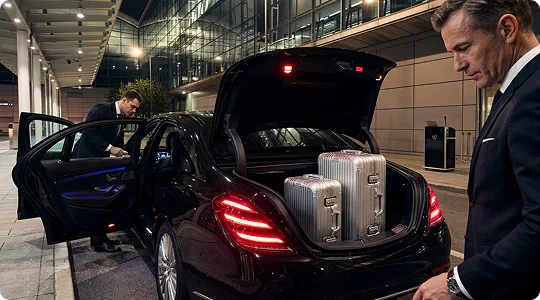 Two silver suitcases sit in the open trunk of a black luxury car parked outside a terminal at night. A chauffeur in a suit checks the vehicle interior while another man stands near the trunk.