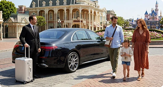 A chauffeur in a suit stands with a silver suitcase next to a parked luxury black sedan. A family of three walks away from the vehicle on a paved street at a theme park with a castle in the background.