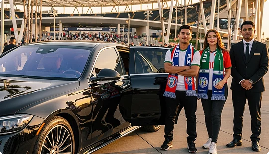 A chauffeur in a suit stands next to a black luxury sedan as two young fans wearing soccer scarves pose in front of a stadium.