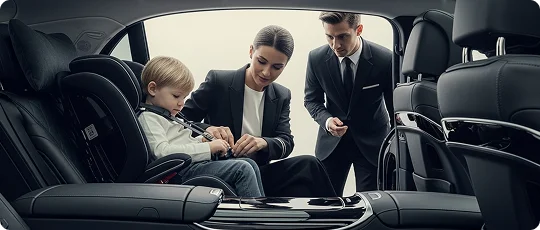 Chauffeur assisting as a mother securely buckles her child in a safety seat inside a luxury car, reflecting child-friendly options.