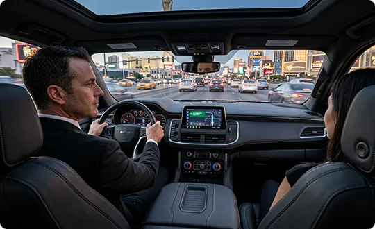 Interior view of a chauffeur driving an SUV along a busy city boulevard at dusk. A female passenger sits in the front passenger seat while traffic and city lights appear through the windshield.