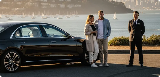 A couple stands by a black luxury sedan on a road overlooking a harbor full of sailboats, with a chauffeur standing nearby.