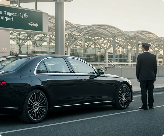 A chauffeur stands beside a sleek black luxury sedan outside a modern airport terminal with curved glass architecture and directional signage.
