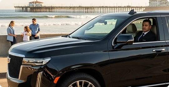 A professional chauffeur in a suit is seated inside a black Cadillac Escalade luxury SUV, looking forward. Outside the car, a family of three (two adults and a child) are enjoying a view of the ocean and a pier in the background, illustrating a private, chauffeured scenic tour or coastal drop-off.