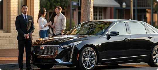 A chauffeur in a black suit stands formally next to a parked black Cadillac CT6 luxury sedan. In the background, a couple stands talking and smiling on the sidewalk in a quaint, sunny urban setting.