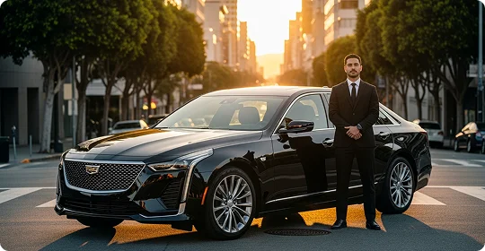 A chauffeur in a black suit stands next to a black Cadillac luxury sedan on a sunlit city street with tall buildings in the background.