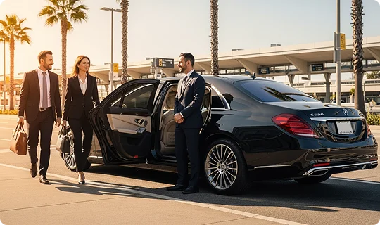 A decent formally suited couple with hand carriers walking by a black business sedan with its rear door open and a chauffeur standing their to serve them at an airport terminal in bright daylight.
