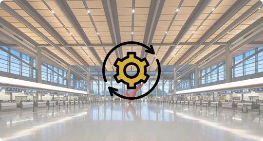 A graphic icon of a gear with circular arrows overlaid on a slightly blurred background image of a modern airport terminal check-in area.