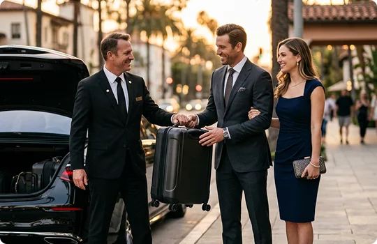 A professional chauffeur in a black suit smiles as he takes a suitcase from a well-dressed man. The man in the suit stands arm in arm with a woman in a navy dress on the sidewalk next to the open trunk of a black car.