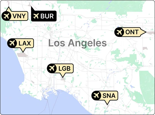 Interactive map of Southern California airports network highlighting locations like BUR Hollywood Burbank Airport, LAX Los Angeles International Airport, LGB Long Beach Airport, ONT Ontario International Airport, and SNA John Wayne Airport with connecting lines.