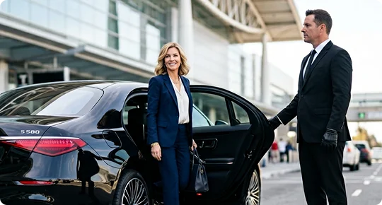 A smiling woman wearing a professional blue pantsuit steps out of the back seat of a luxury black sedan. A professional chauffeur dressed in a black suit and gloves holds the car door open for her outside a modern airport terminal.