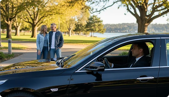 A scenic view of a park with green grass and trees besides a river where a black luxury sedans is parked with a suited chauffeur sitting inside. A middle-aged couple stand near the car smiling each other.