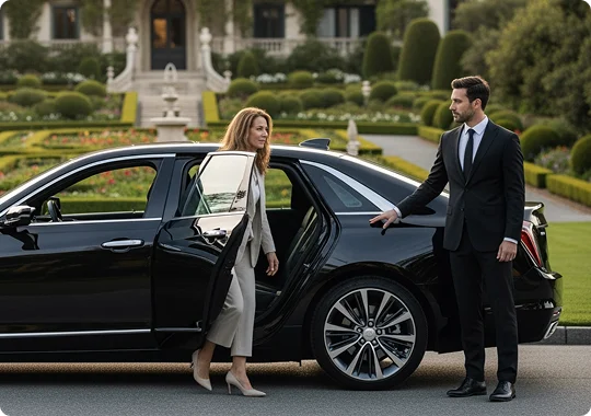 A chauffeur in a dark suit stands next to a black luxury sedan, holding the rear door open for a woman in light-colored business attire who is stepping out of the car. The background features a large, opulent house with manicured hedges and gardens.