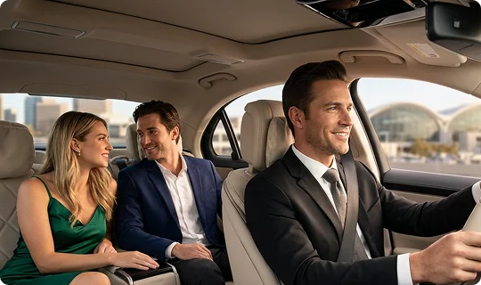 A smiling chauffeur in a black suit and tie drives a luxury sedan with a beige leather interior. In the backseat, a smiling young man in a blue blazer and a woman in a green dress look at each other.