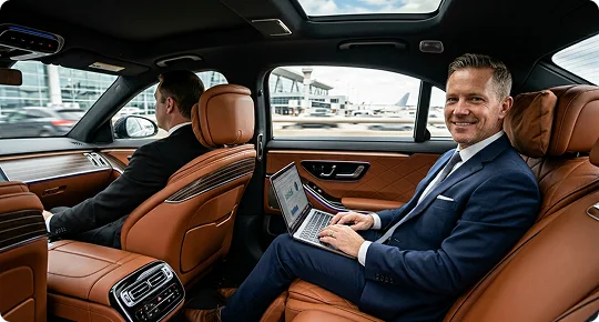 A smiling businessman in a navy suit sits in the tan leather back seat of a luxury car while using a laptop. A driver in a dark suit operates the vehicle, with an airport terminal visible through the passenger windows.