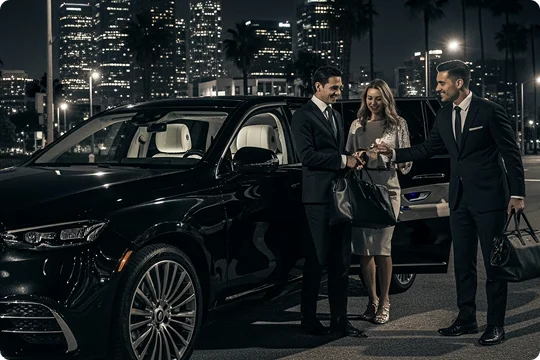 A chauffeur in suit help a young couple with her luggage at night as they get into a black sedan.
