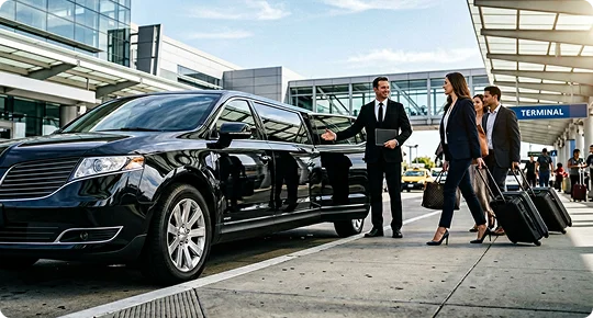 A chauffeur in a black suit opens the door of a black luxury stretch limousine parked at an airport terminal drop-off lane. He welcomes professional passengers in business attire who are walking toward the vehicle pulling rolling luggage.