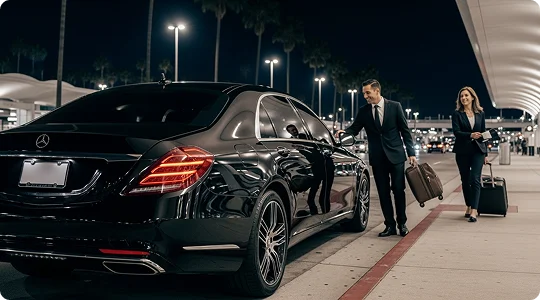 An impressive view of LAX airport terminal in bright night airport lights where a black Mercedes Benz is parked on the curbside and a beautiful lady with a chauffeur assisting her with luggage walk towards it.