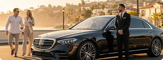 A chauffeur in a black suit stands in front of a polished black luxury sedan on a scenic coastal road, while a stylish couple walks and smiles in the background during golden hour.