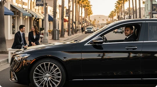 A couple sits on a bench lying at the roadside of a palm-tree lined roadway while a black business sedan is parked right in front of them and the chauffeur is looking at the camera while sitting in the car.