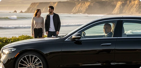The front passenger side of a black Mercedes-Benz sedan is pictured in the foreground, with the chauffeur visible in the driver's seat looking out the window. In the background, a smiling couple in casual wear stands looking at each other on a bluff overlooking a beach with breaking waves and steep rocky cliffs.