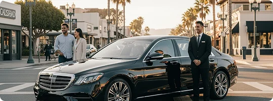 A young couple stands beside a black Mercedes Benz S-class on a daylight illuminated road with palm tree lining on both sides and a car and a person visible in the background while their chauffeur stand smiling near the front door.