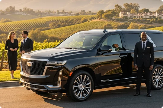 A chauffeur in a suit stands next to a black Cadillac Escalade SUV while a formally dressed couple stands behind it, set against rolling hills and vineyards.