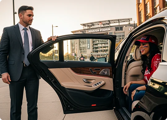 A casually dressed young female sports fan steps out of a luxury black sedan from back seat while her chauffeur holds the rear door open. The car is parked outside the San Francisco Stadium.