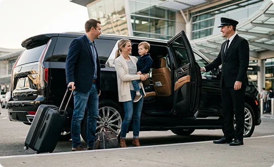 Family with luggage arriving at an airport as a professional chauffeur assists them with a luxury SUV for their private transfer